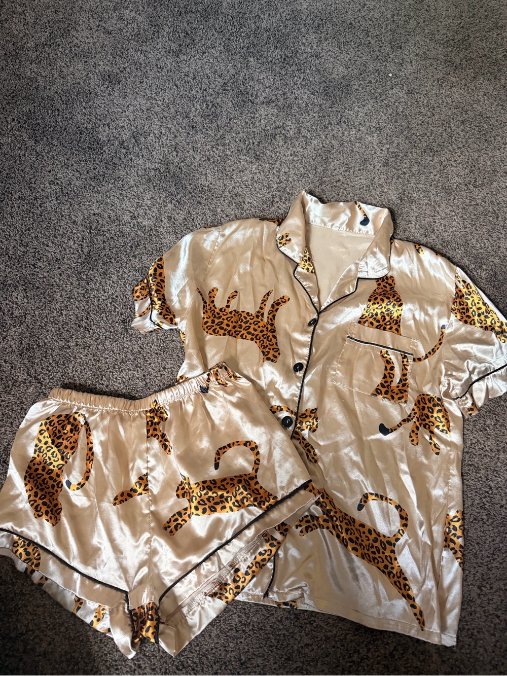 Satin Leopard Print Pajama Set in Champagne
